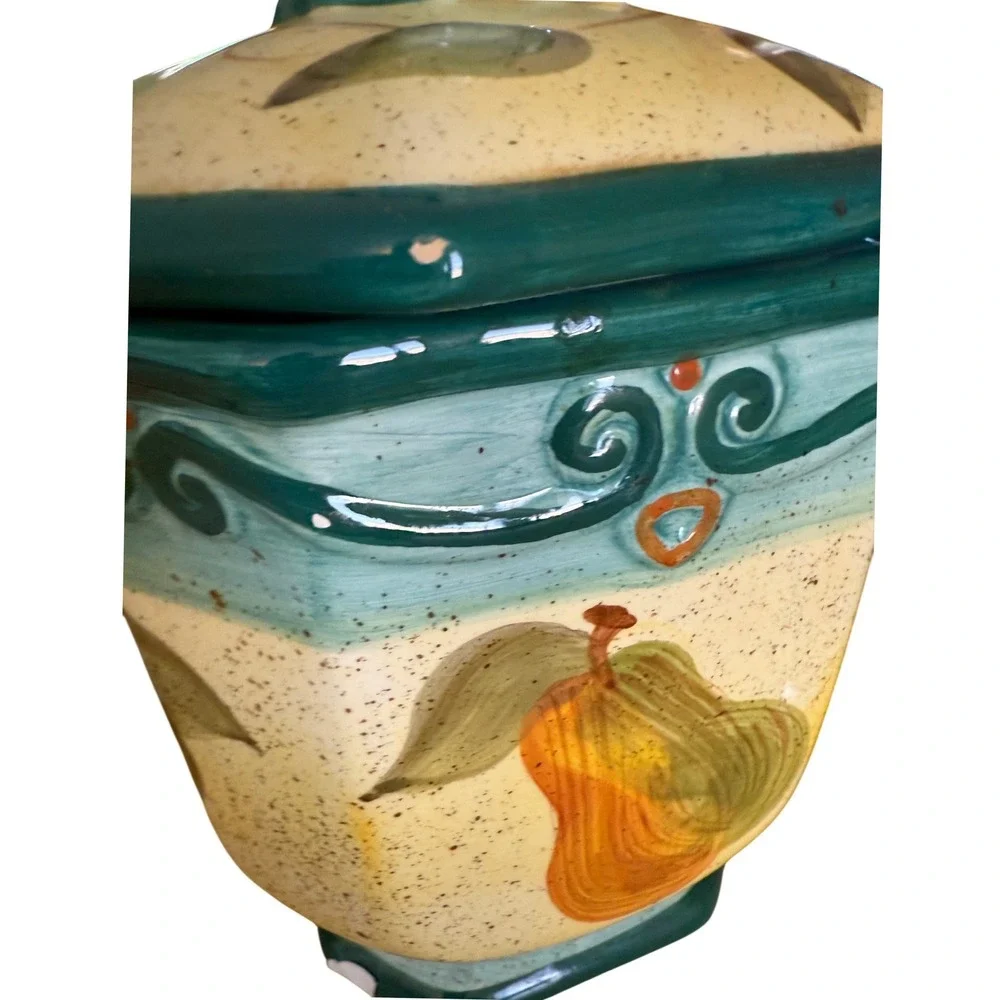 Set of 4 Medici‎ Hand-painted Ceramic Canisters w/ Lids Fruit & Scroll Pattern